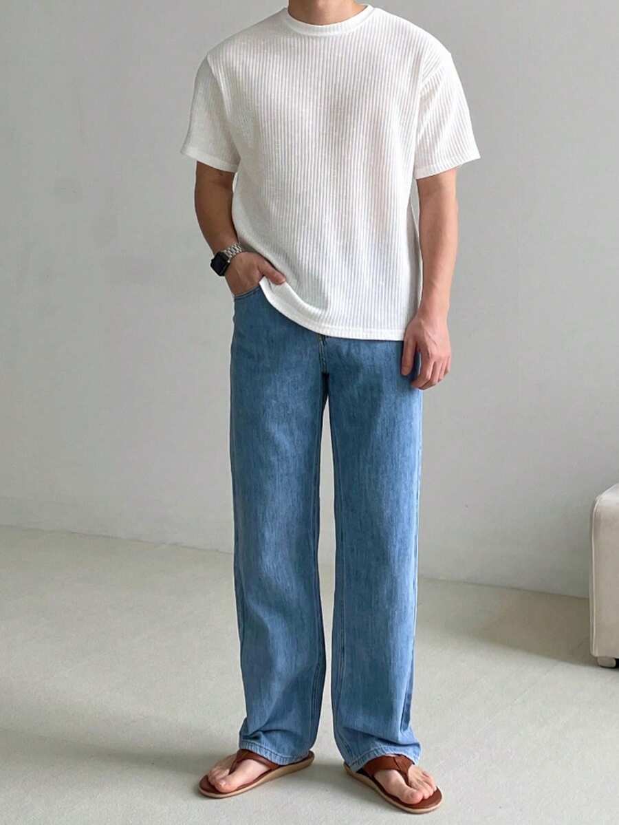 DAZY White Ribbed Fabric Short Sleeve Solid Color T-Shirt For Men Summer - White - View 1