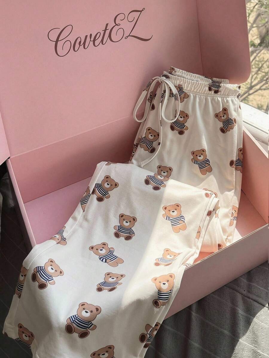 CovetEZ Bear Print Casual Women Pants - White - View 1