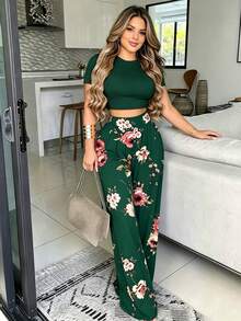 Selianne 女款素色圓領短袖T恤與花卉印花長褲休閒兩件套 - 墨綠色 - 查看 5