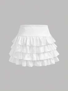 SHEIN Leap Crew Tween Girls White Ruffle Hem Mini Skirt, Casual Versatile Skirt For Summer, Suitable For Commuting, Elegant , Party, Family Gathering, Graduation, Vacation - White - View 2