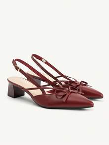 CUCCOO CHICEST Burgundy Pointed Bow Slingback Thick Heel Sandals, Workplace Commuting Temperament Shoes - Bang Yi burgundy - View 9