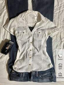 Attitoon 100% Cotton Casual Minimalist White Shirt For Women, Suitable For Spring/Summer - White - View 1