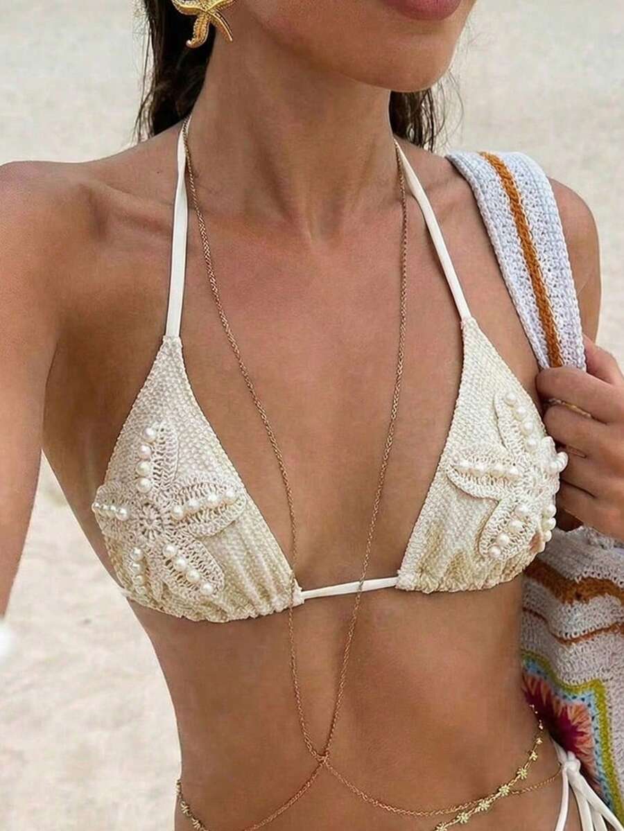 Swim Vcay 夏季新品歐美性感掛脖繫帶甜美女孩小胸顯瘦純色杏色網格面料純欲風時尚比基尼上衣,附3D珍珠海星鉤編飾品,適合海灘、度假村、水療、蜜月、休閒度假 - 杏色 - 查看 1