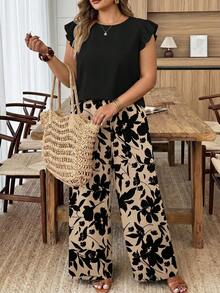 SHEIN CURVE+ Plus Size Women's Solid Color Round Neck Ruffle Sleeve Top And Floral Print Casual Loose Pants Set - White - View 6