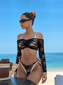Bonvoyette Bộ 3 món đồ bơi nữ mới phối màu đen trắng, thời trang gợi cảm, phong cách casual cho đi biển và nghỉ dưỡng - màu đen - Xem 8