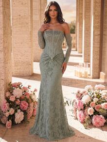 Glamrae Elegant Luxurious Elastic Lace Off-Shoulder Mermaid Dress Detachable Sleeve Ruched Embellished Gown For Weddings Parties Galas Formal Occasions For - Green - View 5