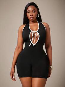 Radiana Curve Backless Black And White Halter Neck Hollow Out Bandage Bodysuit For Beach Concert Vacation Summer Sexy - Black and White - View 7