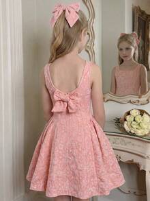 SHEIN Pitira Tween Girls' Elegant Pink Jacquard Square Neck A-Line Sleeveless Dress With Bow Decor, Summer - Pink - View 2