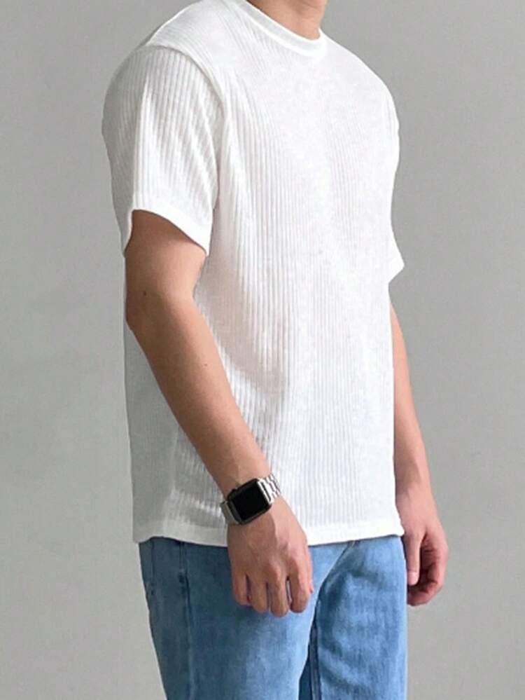 White Ribbed Fabric Short Sleeve Solid Color T-Shirt For Men