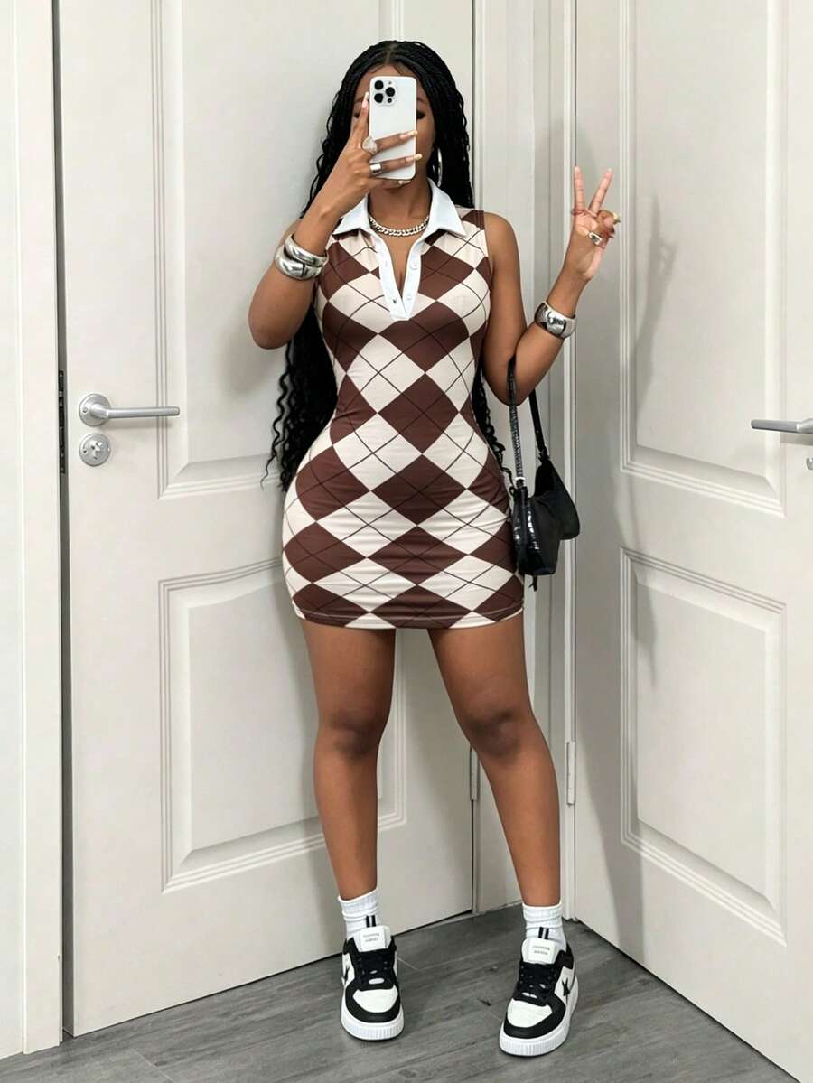 BamGleam Summer New Retro Brown & White Argyle Polo Collar Sleeveless Bodycon Mini Dress - Multicolor - View 1