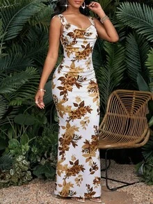 SHEIN Lady 女款夏季優雅花卉印花美人魚長洋裝 - 彩色 - 查看 5
