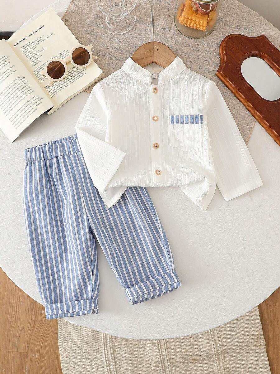 SHEIN Vintaside Kids 2件/組 男嬰立領短袖鈕扣襯衫附口袋 & 鬆緊腰短褲，休閒百搭時尚復古寬鬆舒適夏季新款套裝