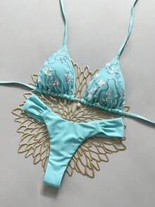 Swim Mod Bộ 2 món, áo ngực tam giác cổ yếm và quần bikini nữ sexy, vải sequin vân nổi trang trí ngọc trai giả, đồ bơi đi nghỉ dưỡng - Màu xanh bạc hà - Xem 2