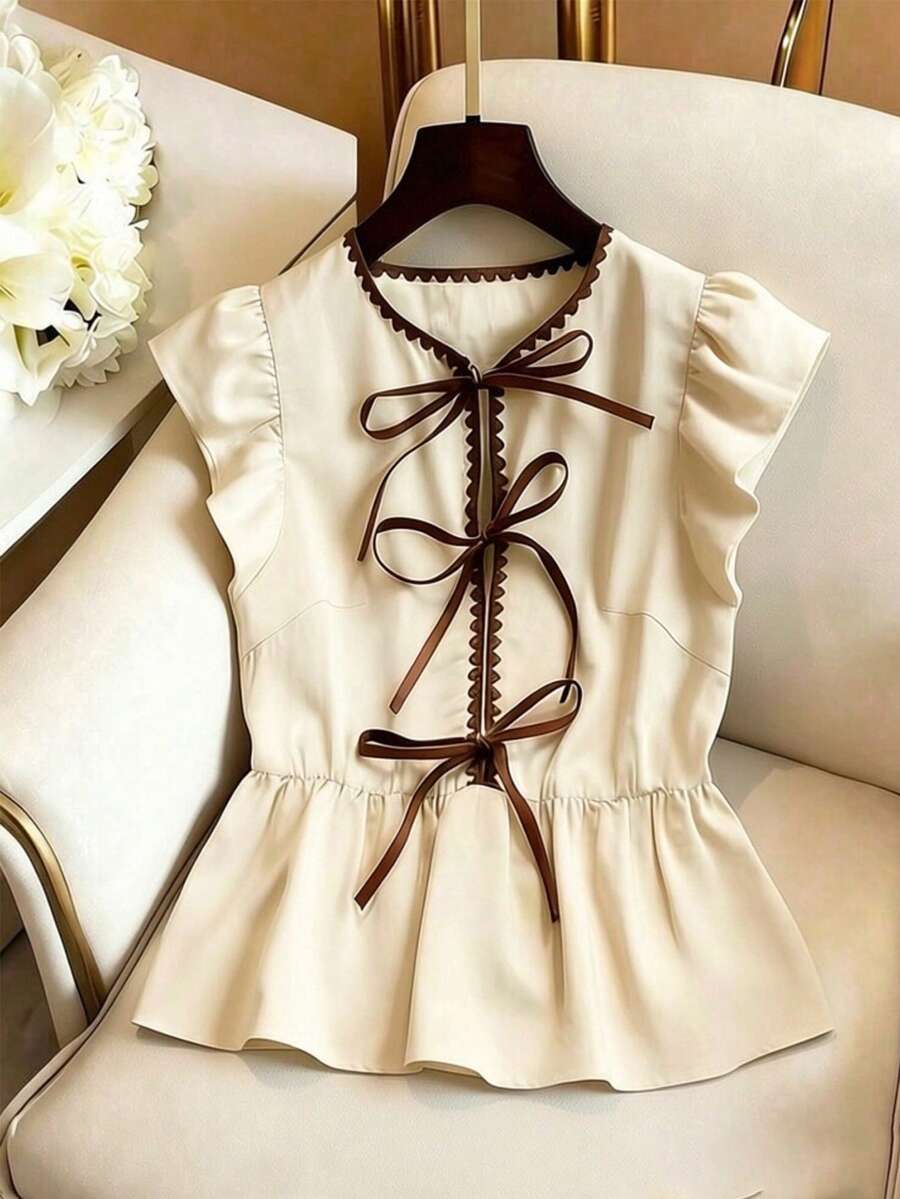 GlowEve Elegant Sexy Tea Party Golf Linen Blouse In White,Summer Round Neck Shell Embroidery Ruffle Trim Flutter Sleeve Cinched Waist - Apricot - View 1