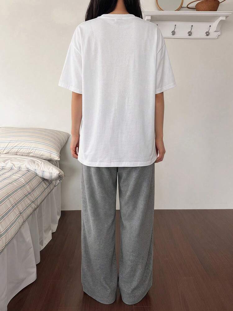 Women's Letter Print Short Sleeve Top And Pants Casual Loungewear Set