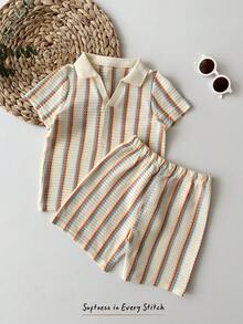 Cozy Pixies 2pcs/Set Boys' Cute Casual Striped Textured Polo Shirt & Solid Color Elastic Waist Shorts Set - Apricot - View 3