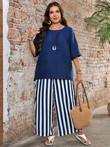 EMERY ROSE Plus Size Women's Solid Color Round Neck Short Sleeve Shirt And Striped Wide Leg Pants Casual 2-Piece Set Vacation Navy Blue Summer - Blue and White - View 6
