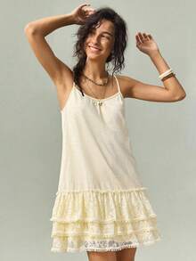 SoleilVie Women's Sweet Ruffled Lace Patchwork Camisole Dress - Yellow - View 7