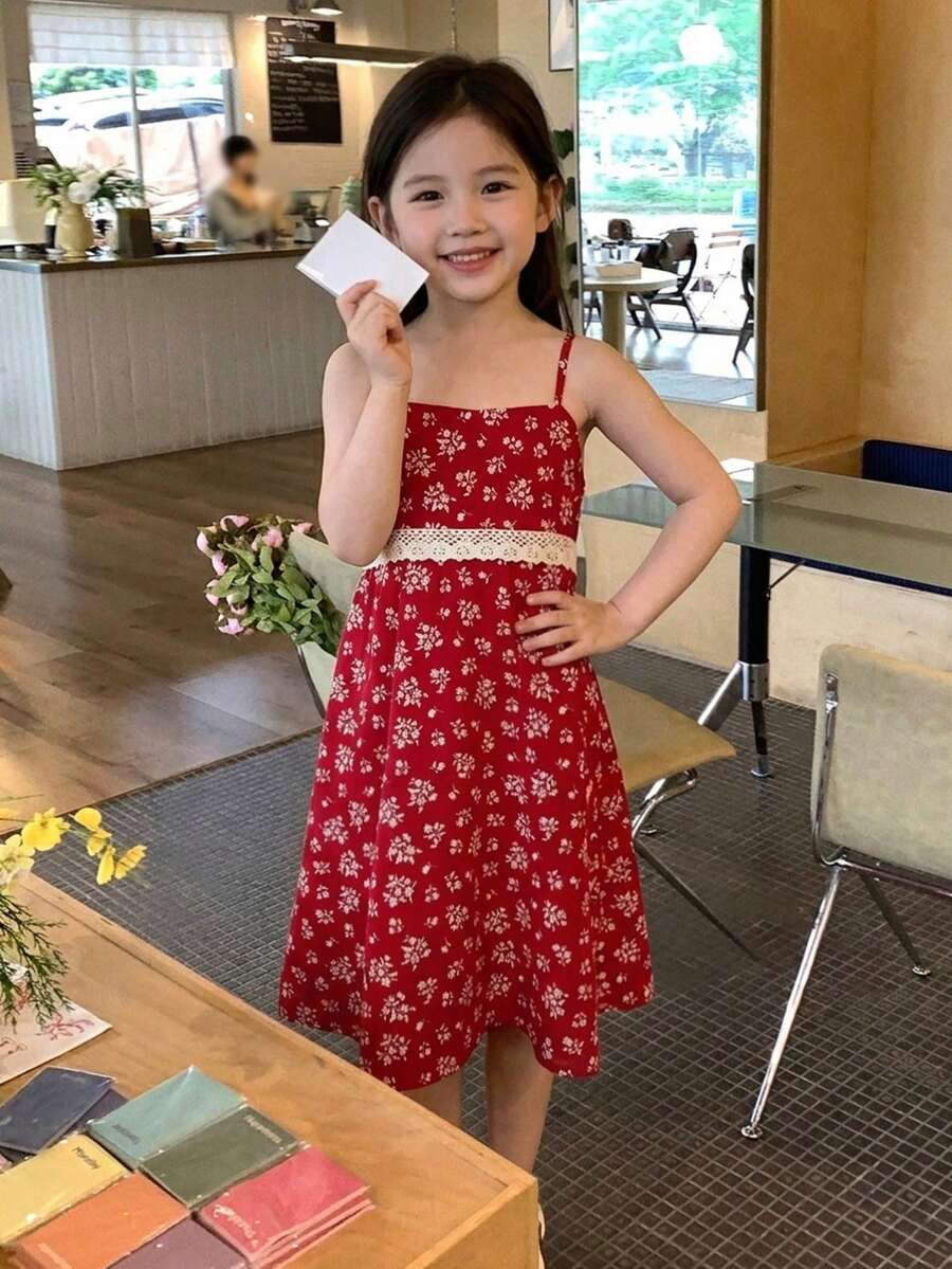 Dazy Kids Young Girl Summer Beach Vacation Style Ditsy Floral Contrast Lace Camisole Dress - Red - View 1