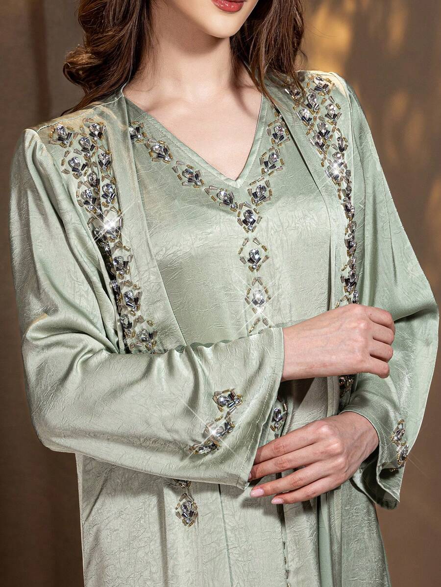 Layrah Women's Rhinestone V-Neck Dress And Long Robe Casual Party Travel Arabic Set - Green - View 1