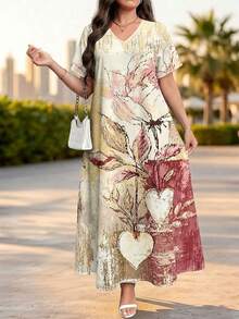 EMERY ROSE 艺术花卉印花优雅女士长款连衣裙，加大码V领抽象长裙，复古端庄夏季长袍，适合度假、日常穿着和休闲聚会。 - 彩色 - 查看 3
