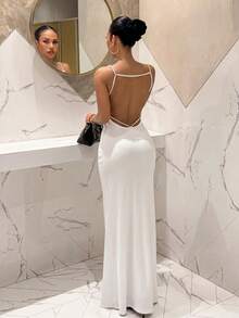 Slaydiva White Pearl-Embellished Backless Halter Dress, Sleeveless Long Dress, Perfect For Parties And Weddings-A - White - View 7