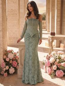 Glamrae Elegant Luxurious Elastic Lace Off-Shoulder Mermaid Dress Detachable Sleeve Ruched Embellished Gown For Weddings Parties Galas Formal Occasions For - Green - View 6