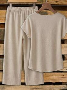 SHEIN Clasi Bộ đồ nữ gồm áo sơ mi nữ buộc nơ và quần ống đứng dáng rộng, trang phục mùa hè cho nữ, trang phục thường ngày cho nữ. - xanh quân đội - Xem 2
