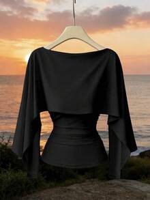 Elenzga New Design Women's Shawl Collar Long Sleeve Elastic Knit Top, Youthful Elegant Everyday Versatile Waist Cinching Slimming Fit T-Shirt - Black - View 3