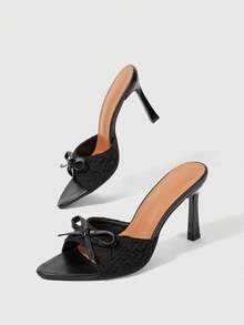 Sleekvia Women's Pointed Toe Bow Decor Stiletto Heel Elegant Romantic Beige Fabric High Heel Sandals, Suitable For Dress, Bride, Bridesmaid, Afternoon Tea, Date, Fashion Party, Wedding, Vacation For Christmas Elegant Shoes Wedding Shoes Summer Shoes Bride Shoes - Black net - View 2