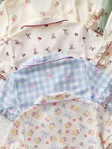 [Randomly Sent 1 Set]Tween Girls Pajamas Comfortable Fashionable Small Cherry, Blue Plaid, Bow, Country Style Small Ditsy Floral Ruffle Elegant Girl Short Sleeve Shorts 2-Piece Loungewear Set - Multicolor - View 3