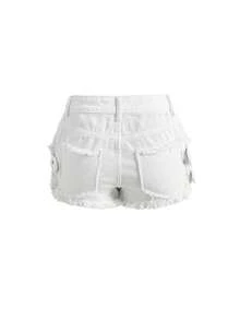 ROMWE Y2K 街頭風性感極簡低腰毛邊綁帶休閒街頭風女款牛仔短褲 春/夏 夜店外訪度假 白色 - 白色 - 查看 2