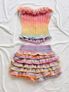 Soleia 女款夏季海灘度假風漸層色荷葉邊修身抹胸針織上衣與多層蕾絲毛衣短褲套裝 - 彩色 - 查看 6