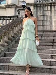 Firerie 女士优雅露背浪漫度假中长连衣裙，飘逸长裙，适合海滩度假、派对、浪漫聚会 - 淡綠 - 查看 6