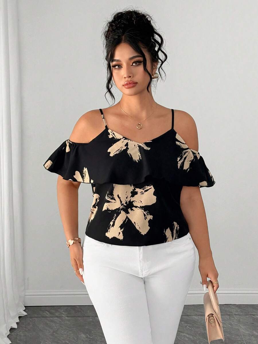 SHEIN Clasi Plus Size Elegant Business Casual Floral Print Off-Shoulder Camisole Shirt For Summer Vacation Black Dates Holiday Outfits For Women Sexy Outfits - Black - View 1