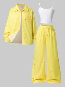 Tween Girls' Three Pieces Set, Street Cool Striped Long Sleeve Shirt, Pants, And Cami Top, Ideal For Spring And Fall - Yellow - View 8