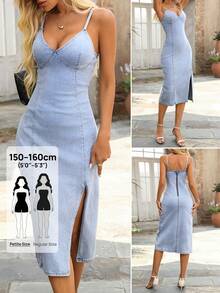 SHEIN PETITE Women's Sleeveless Denim Casual Sexy Dress, Autumn,Petite Women Swimming Pastal - Light Wash - View 1