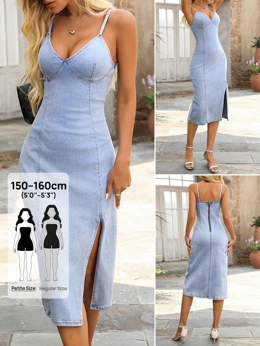 SHEIN PETITE Women's Sleeveless Denim Casual Sexy Dress, Autumn,Petite Women Swimming Pastal - Light Wash - View 1