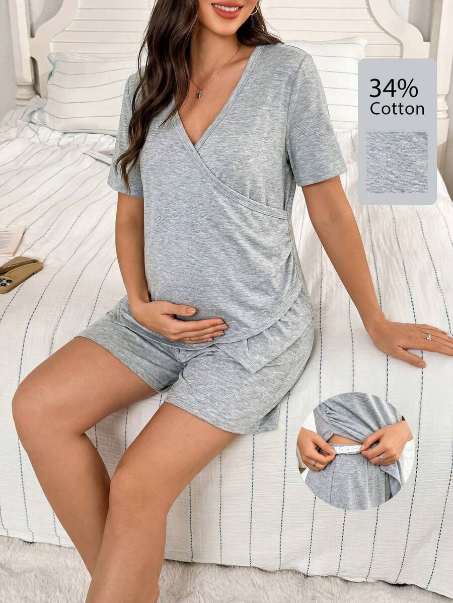 Moonlight&Mama Women's Casual Asymmetric Design Short Maternity Loungewear Set - Grey - View 1