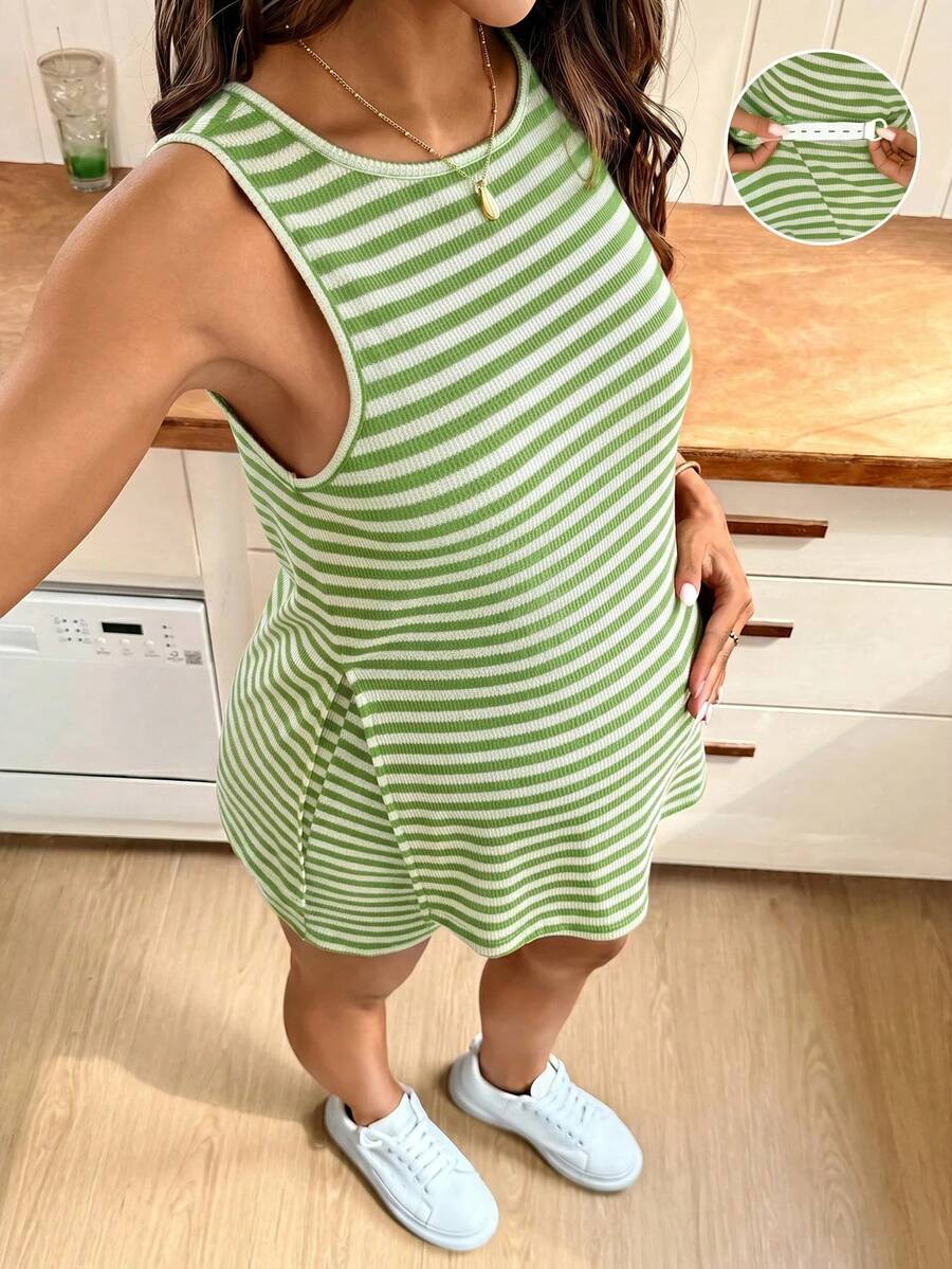 SHEIN Maternity Striped Round Neck Side Slit Hem Tank Top And Adjustable Waist Shorts 2 Pieces Set - Green - View 1
