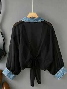 SHEIN LUNE Áo sơ mi nữ cổ bẻ tay raglan phối màu xanh, thắt nơ trước, thiết kế cúc, chất liệu bán xuyên thấu, phong cách tối giản thanh lịch lãng mạn, áo blouse trắng mặc đi làm, đi chơi, hẹn hò, du lịch mùa hè - màu đen - Xem 2