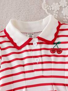 SHEIN Playful Pals 1pc Baby Girl Red Striped Casual Dress, Ribbed Collar & Cuffs, Smiling Cherry Print, Suitable For Casual Wear, Outings, Sports, Parties - Red - View 6