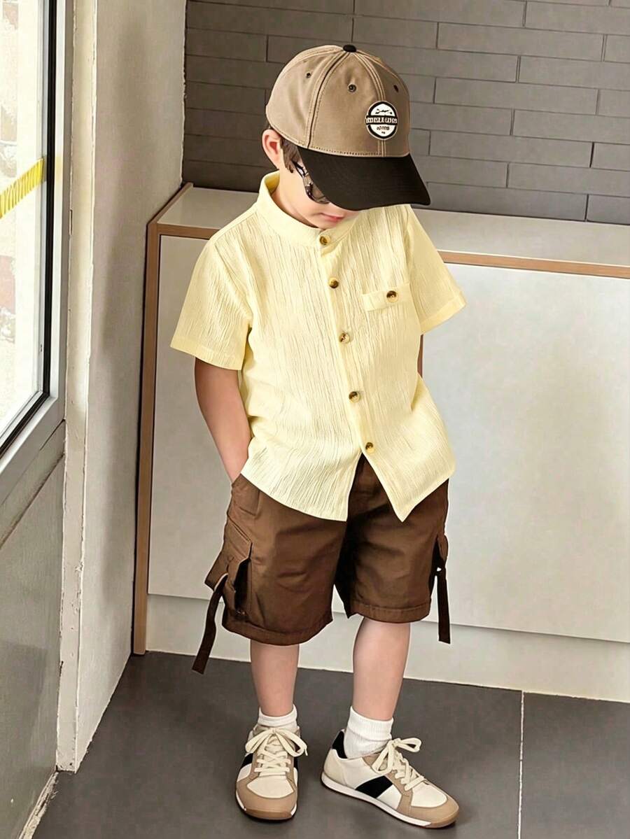 SHEIN 男童夏季休闲前扣纹理短袖衬衫 - 黃色 - 查看 1