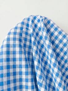 SHEIN EZwear 休閒極簡棉感藍色格紋梭織女款襯衫，適合夏季，夏季上衣，適用於日常通勤、約會、聚會、秋冬/夏季、聖誕節、新年、感恩節、派對、婚禮、海灘、畢業典禮、時尚、優雅、休閒、外出、約會、預約、通勤、亮麗、情人節 - 藍色 - 查看 4