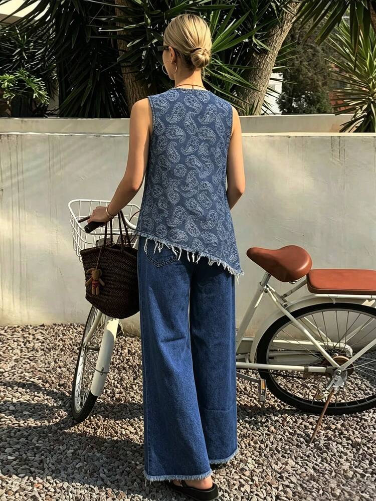 Women's Sleeveless Cashew Print Top And Jeans Set Summer
