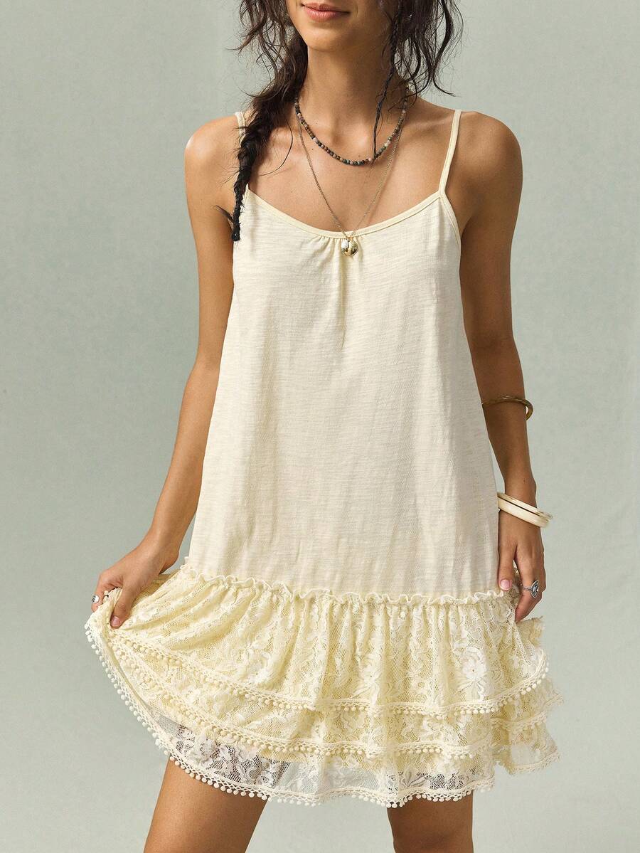 SoleilVie Women's Sweet Ruffled Lace Patchwork Camisole Dress