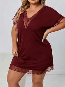 SHEIN CURVE+ Plus Size Women's Mesh Spliced Black Dress, Loose Black Dress, Valentine's Day Dress - Burgundy - View 5