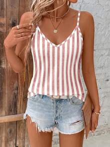 SHEIN Clasi Camisole V-Neck Longgar Motif Garis-Garis Tiruan Minimalis Kasual Warna Merah & Aprikot, Gaya Serbaguna Cocok untuk Musim Panas - MultiWarna - View 5