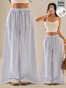 SHEIN PETITE 女士休闲宽松条纹阔腿裤 - 黑與白 - 查看 1