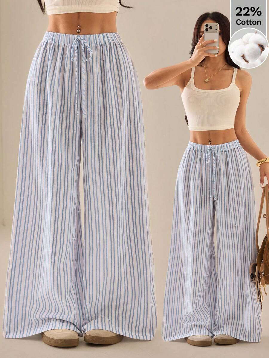 SHEIN PETITE 女士休闲宽松条纹阔腿裤 - 黑與白 - 查看 1